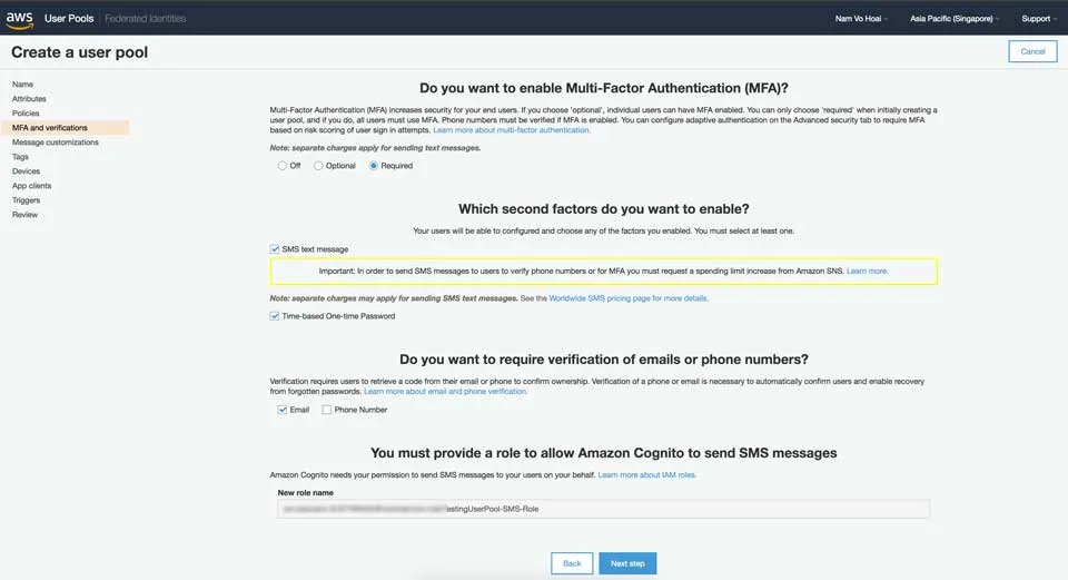 Create User Pool - Config MFA