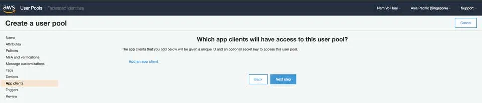Create User Pool - App clients