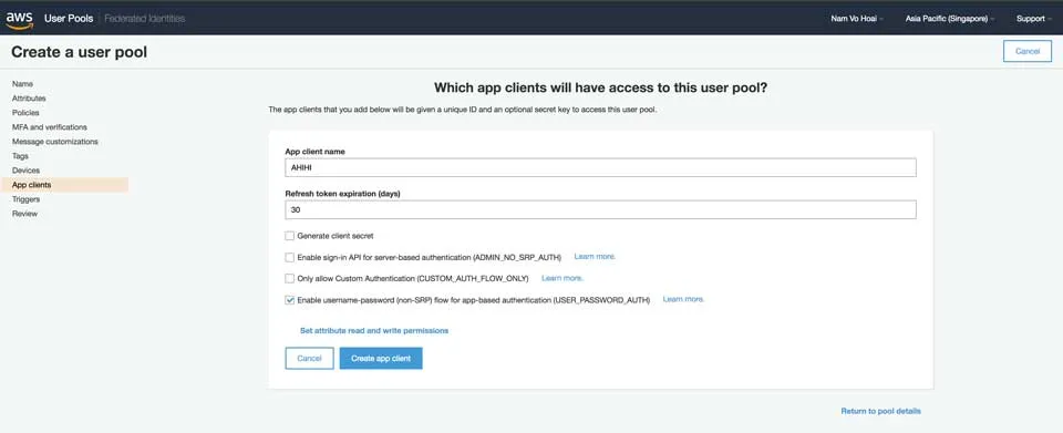 Create User Pool - App clients Creation