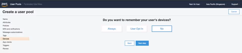 Create User Pool - Devices