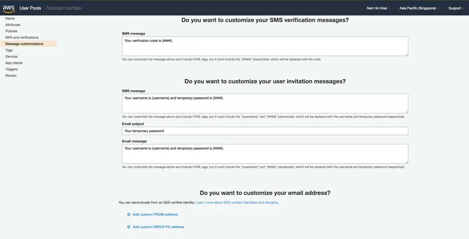 Create User Pool - Message customize