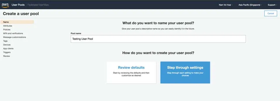 Create User Pool - Enter Name