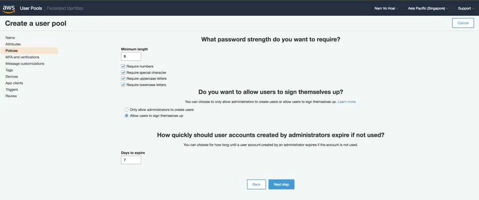 Create User Pool - Set Policies