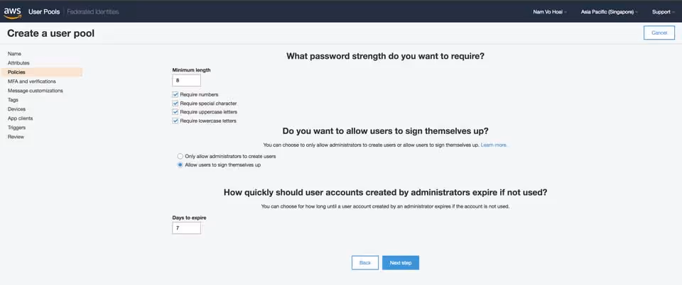 Create User Pool - Set Policies