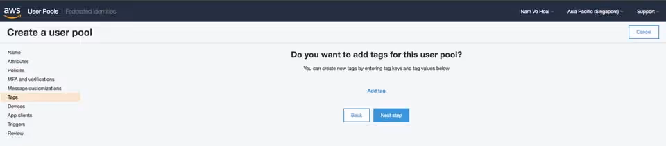 Create User Pool - Tags