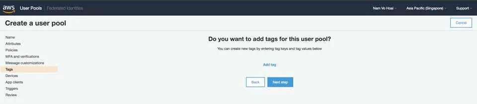 Create User Pool - Tags