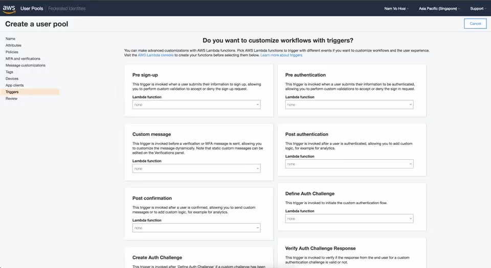 Create User Pool - Triggers