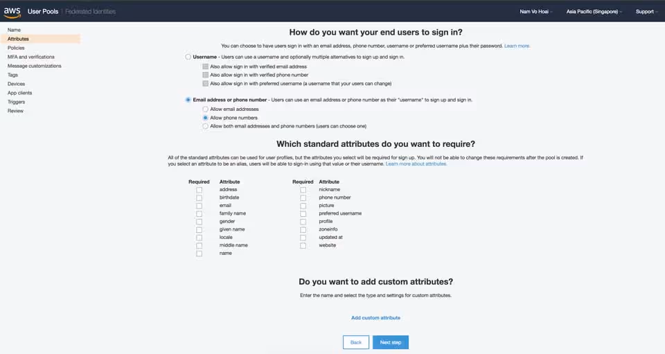 Create User Pool - Choose Attributes