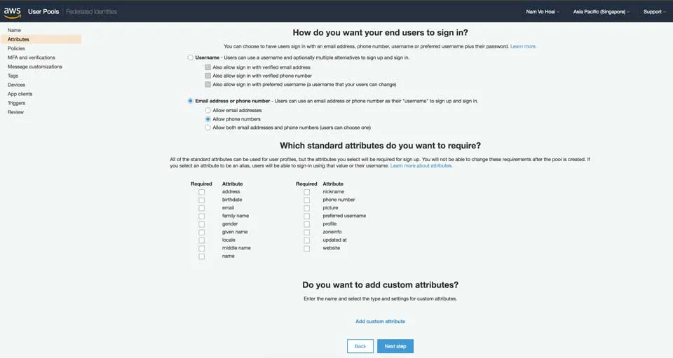 Create User Pool - Choose Attributes