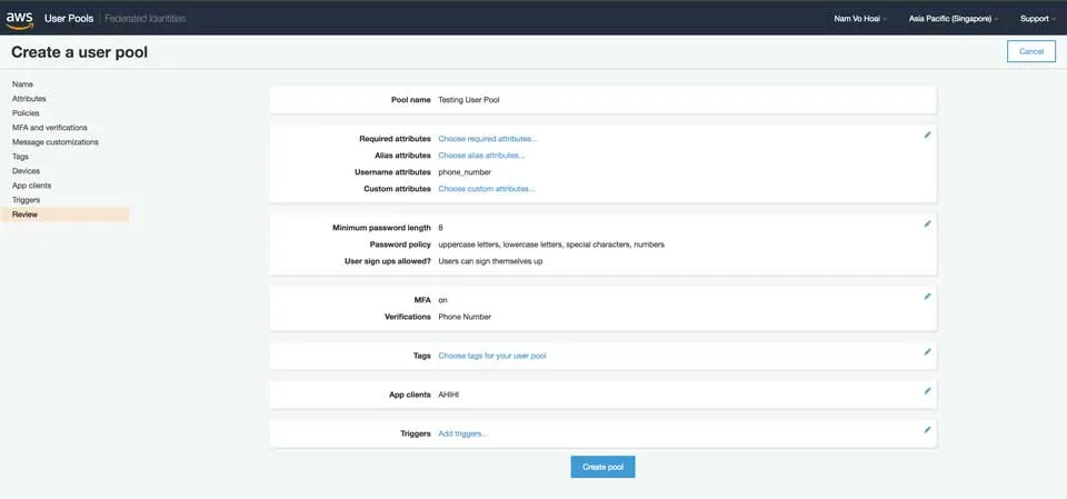 Create User Pool - Review